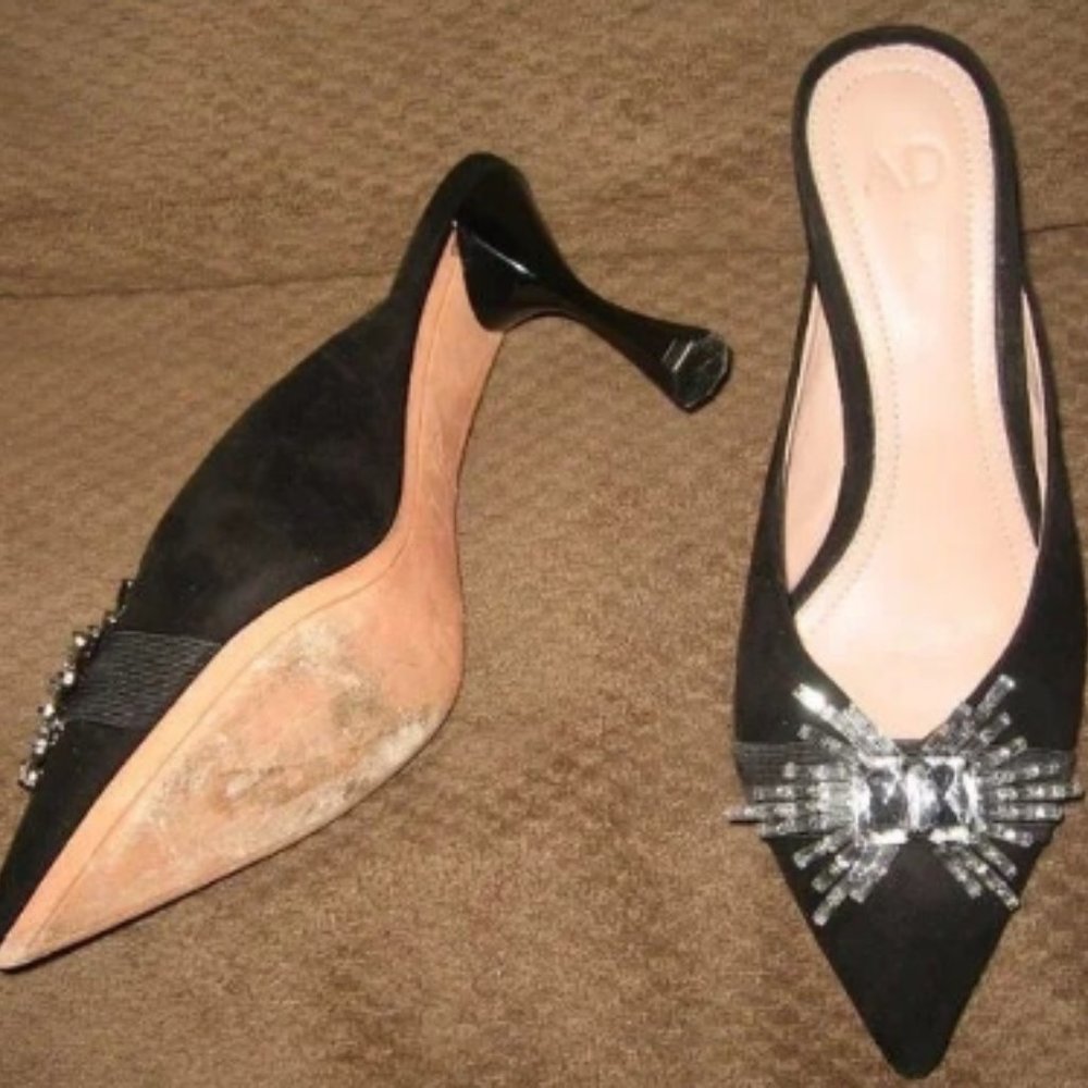 ❤️Sexy AD A D & DAUGHTERS Black Suede & Rhinestone Vamp Evening Slides Shoes 6